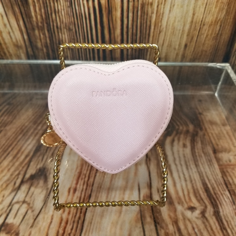 Pandora Pink Faux Leather Heart 3/4 Zipper Coin Purse Travel Jewelry New No Tags